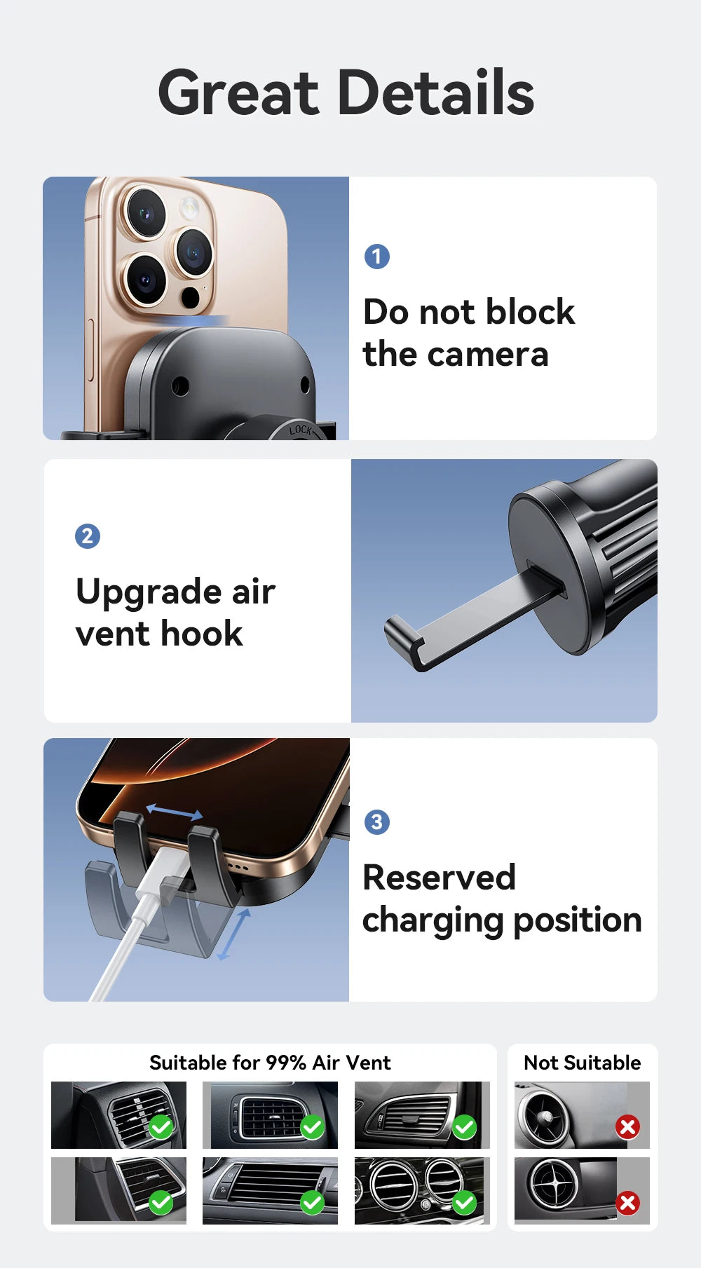 Joyroom Car Phone Holder 360° Rotation Car Air Vent Phone Holder Universal Hands-Free Cell Phone Mount For 4.7-6.9'' Phones